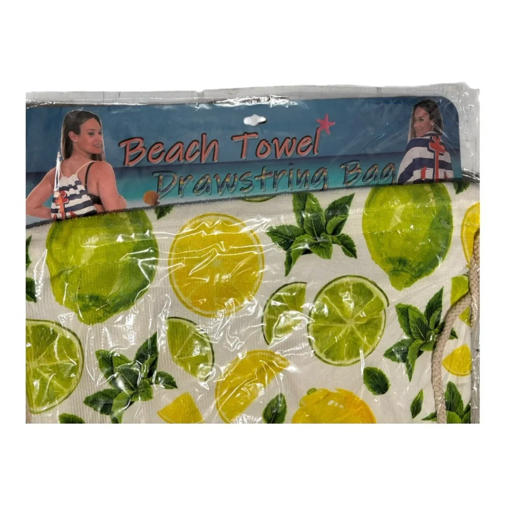 🍋 Citrus Print Beach Towel with Drawstring Bag – NWT